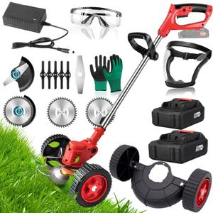 2026 Upgraded 24V Saker Plus Weed Cutter, Saker Plus 20000 RPM Wireless Weed 3 in 1 Garden Trimmer, with Training Wheels & 3 Types of Blades Perfect for Any Terrain (Red-2Batteries)