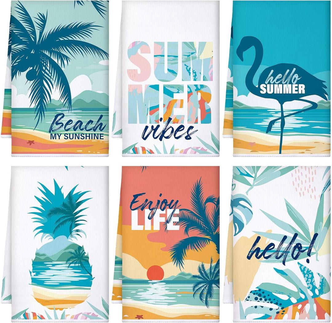 Sratte 6 Pcs Summer Beach Kitchen Towels 24 x 16 Inch Flamingo Dish Towels Decorative Tropical Hawaii Farmhouse Hand Towel Absorbent Soft Summer Tea Towel for Kitchen Bathroom Decor Gifts