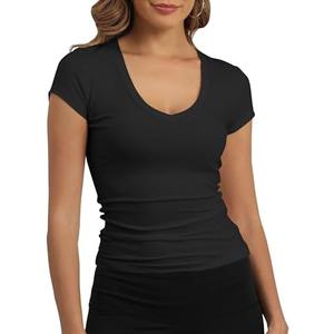GEMBERA Womens' Stretchy V Neck Short Sleeve Gym Workout Form Fitted Casual Basic Top T-Shirt Size XL