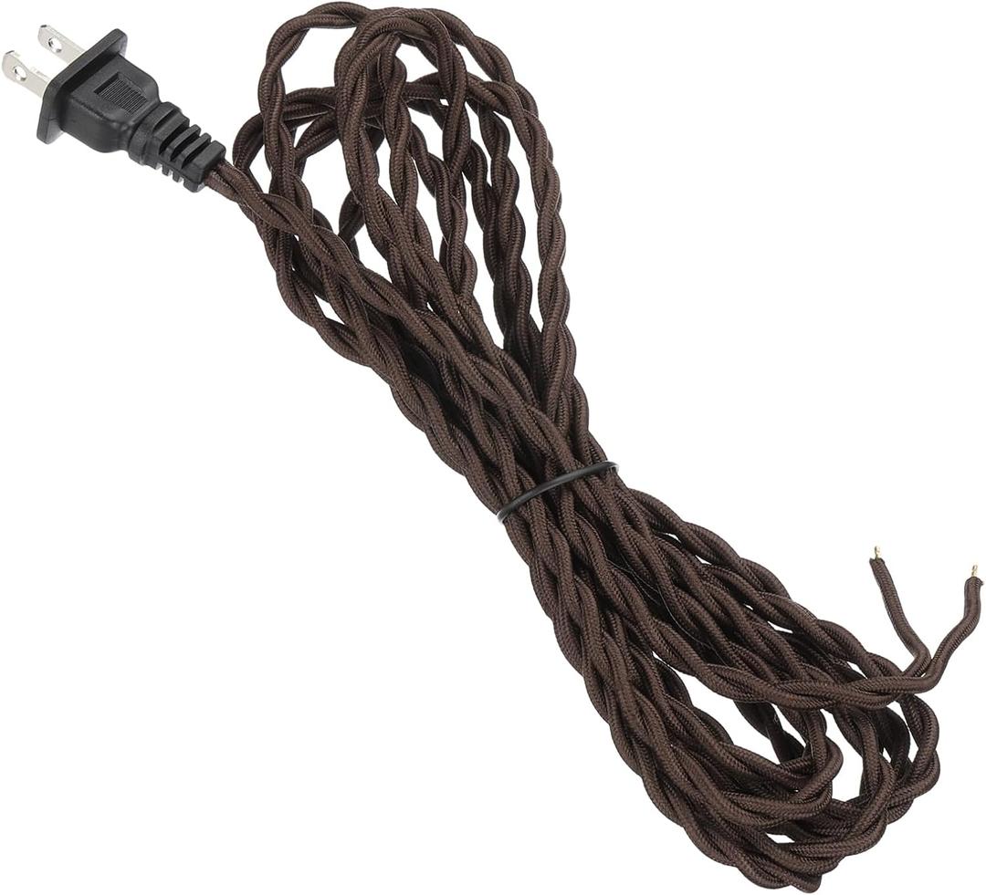 uxcell 12Ft 18/2 Twisted Cloth Covered Lamp Cord, 1 Pcs Vintage Fabric Electrical Wire with Plug Stripped Ends Ready for Extension Wiring DIY Repairing, Brown