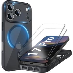 Cufelf Magnetic for iPhone 17 Pro Case(Compatible with Magsafe) Full Camera Protection,2+Full Coverage Screen Protector,Translucent Matte,Military Drop Protection Phone Case,6.3",Black