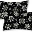 Christmas Pillow Covers 12x20 Inch 2 Pcs, Black White Snowflakes Decorative Throw Pillows for Couch, Xmas Winter Outdoor Decor Pillowcase Linen Cushion Cover for Bed Sofa
