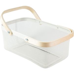 Self of 4 Portable Garden Harvest Basket-Mesh Design Natural Bamboo Handle Wire Storage Baskets,Mesh Basket with Handle Organize Items Reduce Space Occupation,Suitable for Kitchen,Garden,Picnic(White) 
