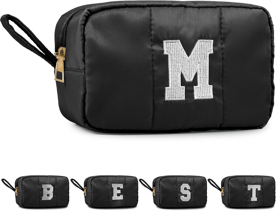 Puffy Makeup Bag for Women, Initial Cosmetic Bag, Cute Travel Toiletry Bag, Puffer Make Up Organizer Bags with Compartments, Personalized Gifts for Girlfriend Bridesmaid Teacher Graduation (Black, M)