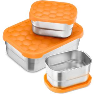 E-far Stainless Steel Lunch Containers for Kids, 3-Piece (8OZx2 & 25OZ) Bento Box Snack Food Container with Leak-proof Silicone Lid, Metal Storage for Toddlers Child School Picnic, Orange