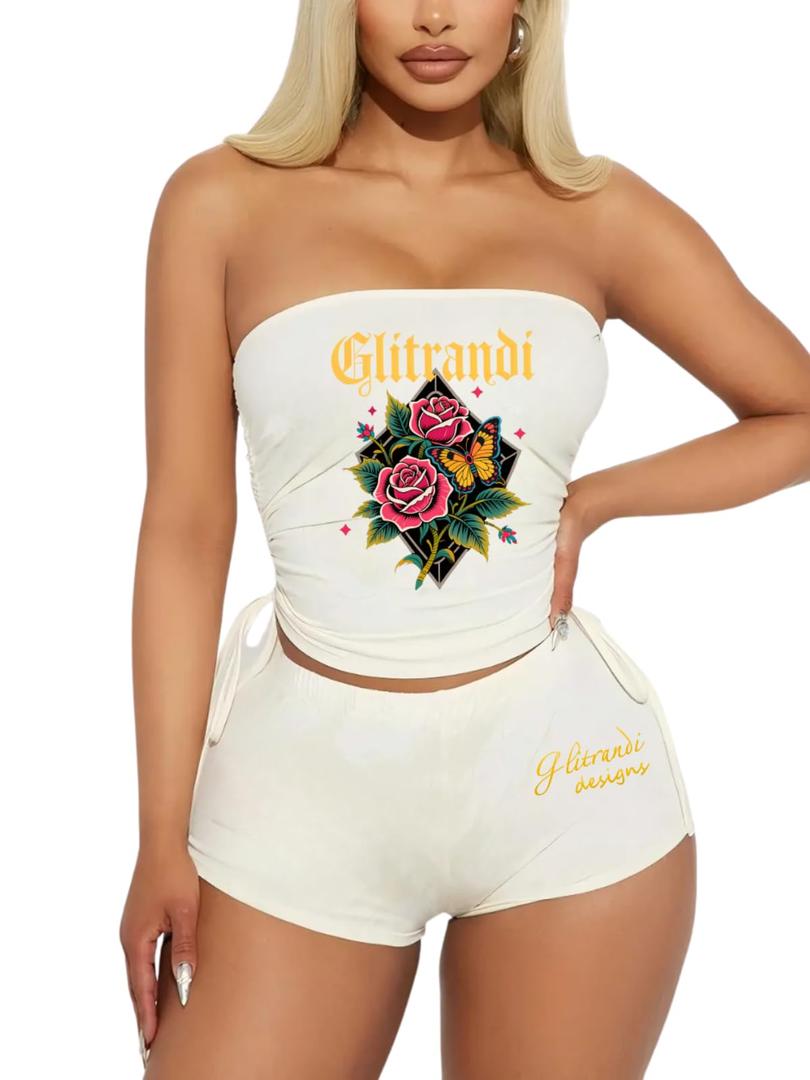 Glitrandi Two Piece Sets For Women Fashion Print Drawstring Tube Top With Shorts Summer Sexy Outfits
