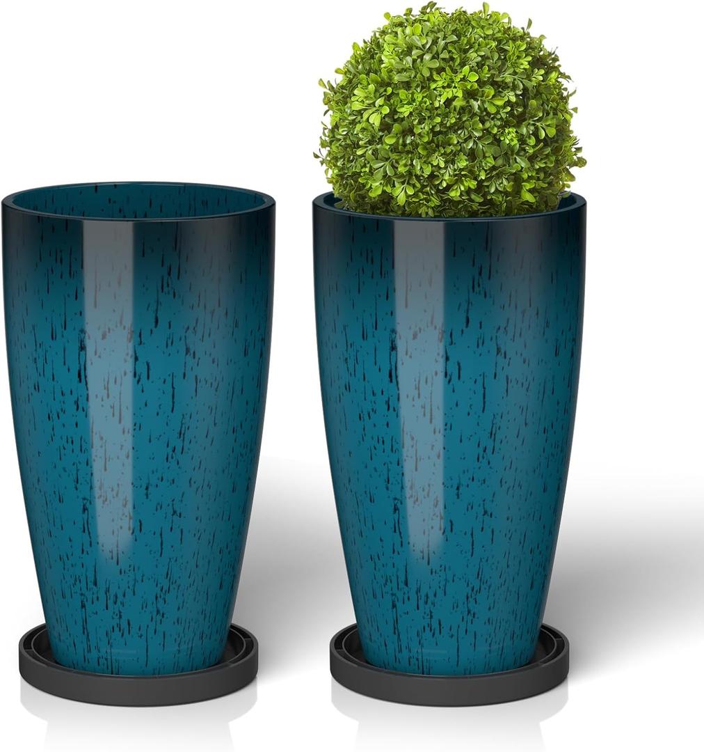 ZMTECH 21 Inch Tall Plant Pots for Indoor & Outdoor Use Set of 2, Large Plastic Planters with Removable Tray for Outside with Drainage Holes for Front Porch Patio Garden, Gradient Dark Teal (Blue)