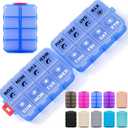 Foldable Weekly Pill Organizer 2 Times a Day with 2 Extra Compartments (Clear Printed Labels) - 7 Day AM PM Medicine Box, Week Daily Travel Pill Case Holder for Vitamin, Supplement - Clear Blue