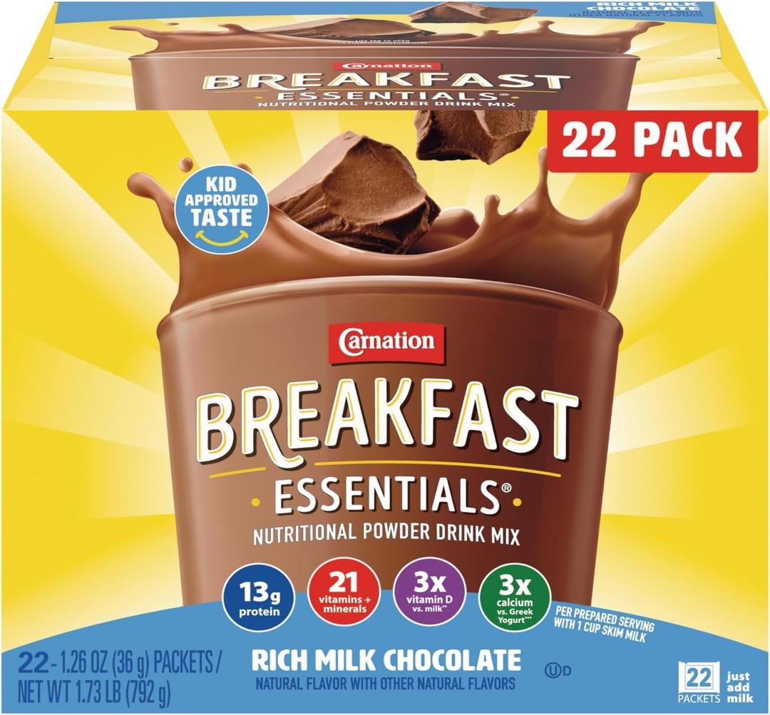 Carnation Breakfast Essentials Powder Drink Mix, Rich Milk Chocolate, 22 Count Box of 1.26 Ounce Packets (EXP 09/22/27)