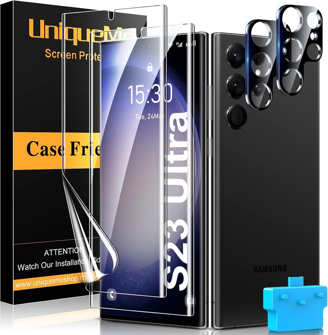 UniqueMe [2+2+1Pack] Compatible for Samsung Galaxy S23 Ultra 6.8 inch Screen Protector Flexible TPU, Camera Lens Protector with Installation Frame, 24h Scratch Self-Healing