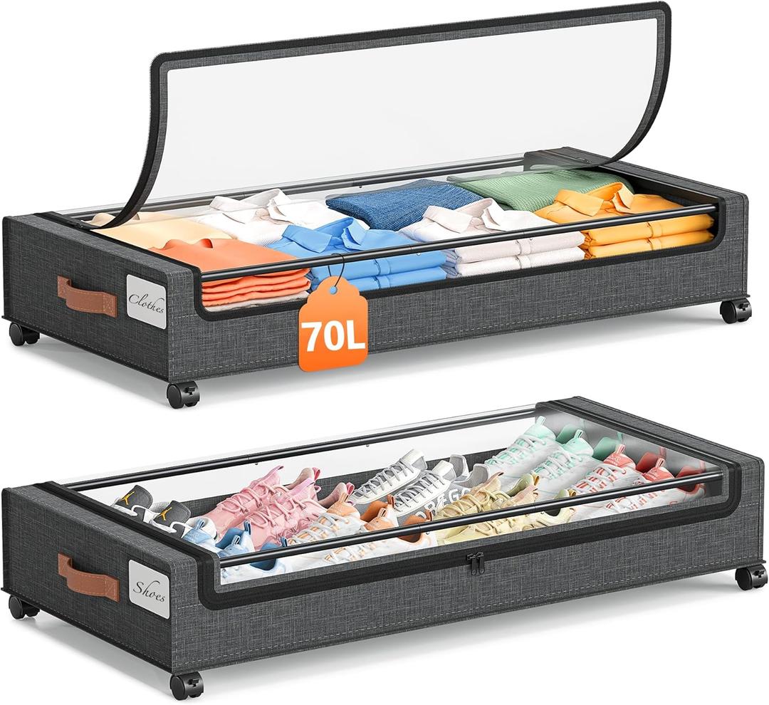 Yecaye 70L Under Bed Storage with Wheels, 2Pack Larger Capacity Under Bed Storage Containers, Underbed Shoe Storage Organizer, Rolling Under Bed Metal Drawers for Clothes, Blankets(35.5 x 17 x 6.7in) (Grey)