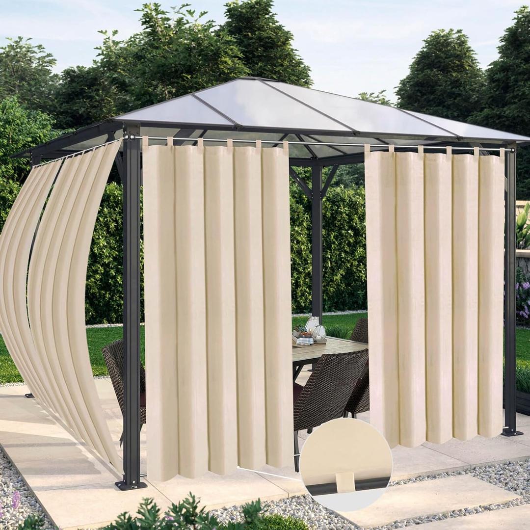 OutdoorLines Waterproof Outdoor Curtains for Patio - Windproof Tab Top Gazebo Curtain Panels - Privacy Sun Blocking Outside Curtain Set for Porch, Pergola and Cabana 54 x 96 inch, Beige, 2 Panels