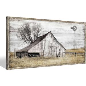 Farmhouse Framed Wall Art Picture: Rustic Barn Farm Wood Artwork Decor Large Country Landscape Windmill Print Horizontal Panoramic Countryside Rural Nature Scene Painting for Living Room Bedroom, 48"L x 24"W