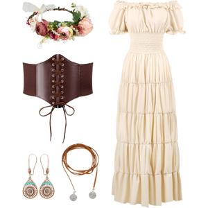 Spooktacular Creations 5Pcs Halloween Renaissance Medieval Dress Costume Women, Fairy Peasant Irish Cottagecore Dress (Small, Beige Dress With Accessories)