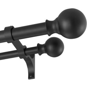 Double Curtain Rods 72-144 Inches with Round Finials, 1 Inch Heavy Duty Drapery Rod with Unique Aluminum Alloy Brackets for Windows, Sliding Door, Patio, Bedroom, Living Room Decoration, Matte Black