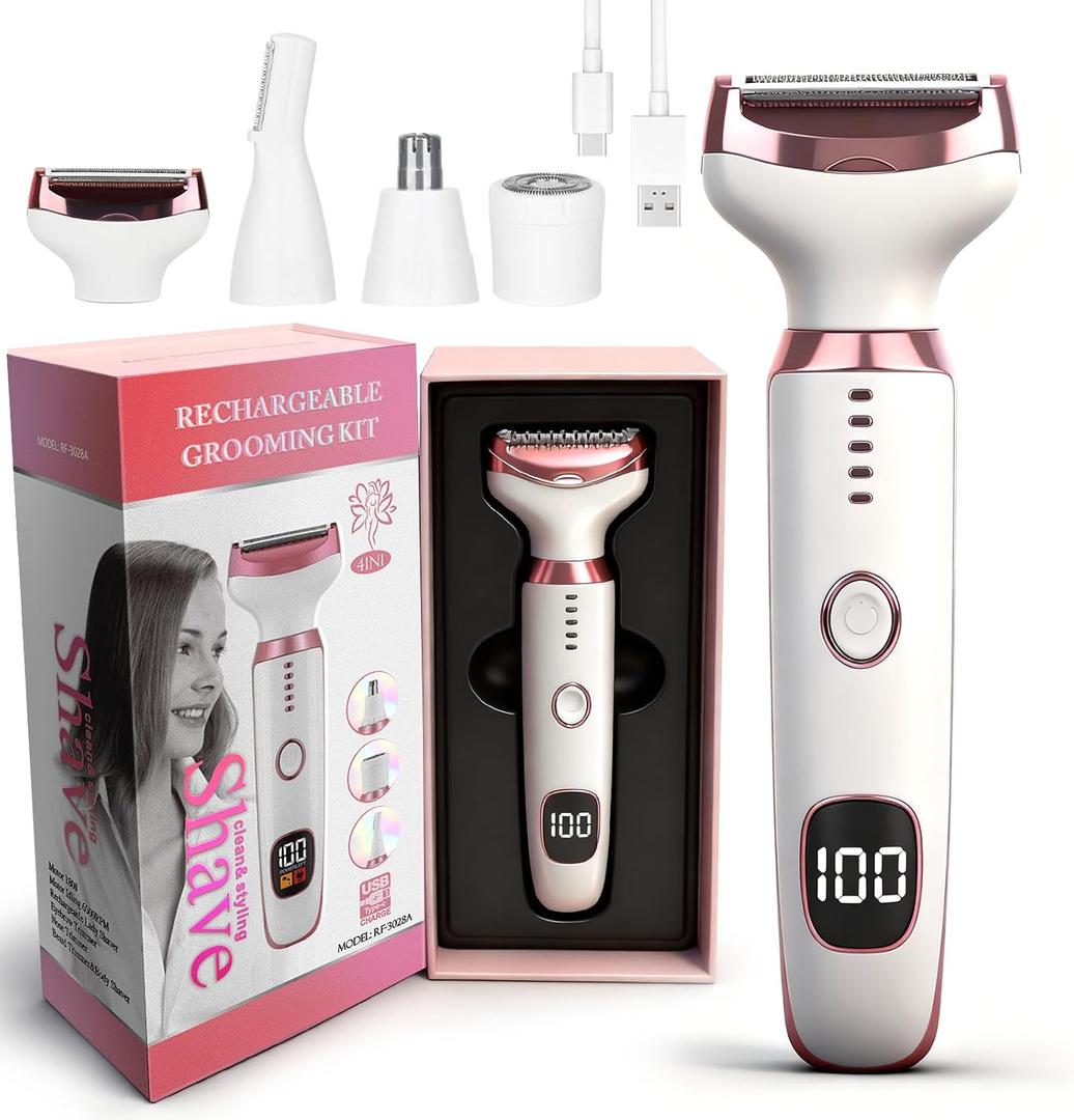 Wet & Dry Electric Razor for Women Men,4 in 1 Rechargeable Led Display Electric Shaver and Facial Hair Remover,Painless Ladies Body Razors for Nose Face Body Leg Bikini Arm Hair (White)