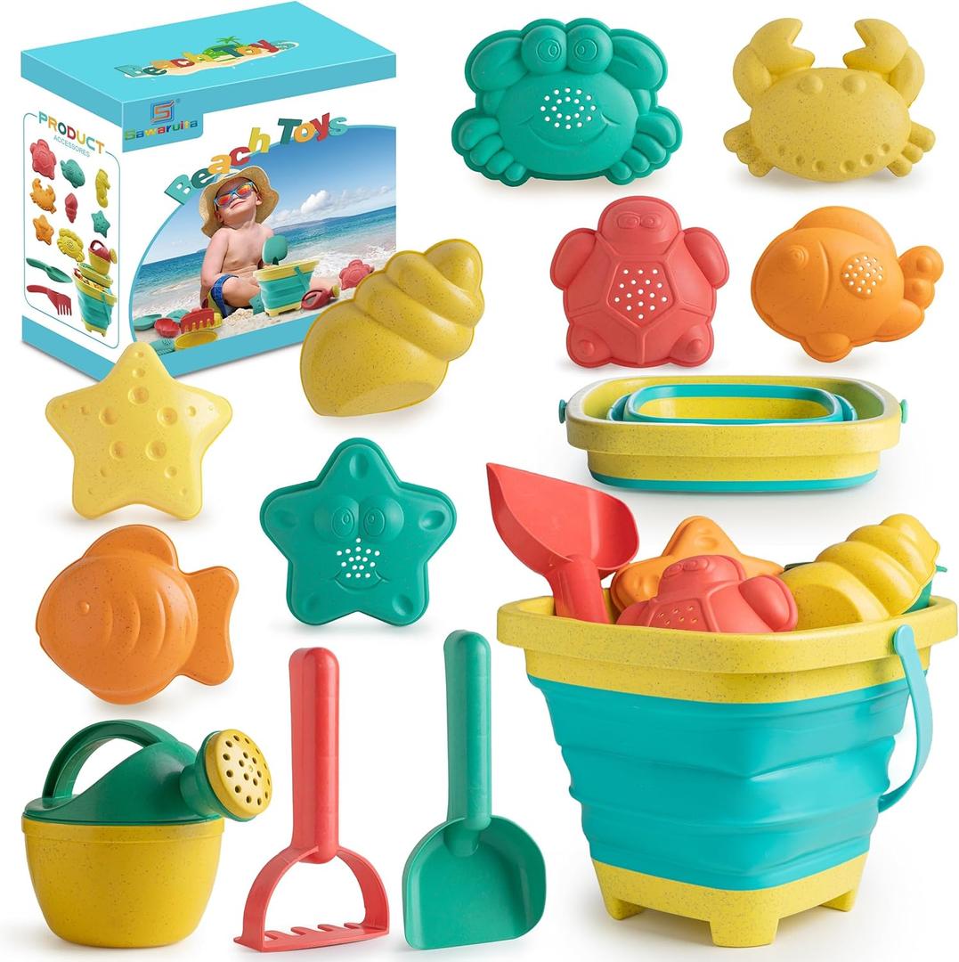 Sawaruita Beach Toys for Kids - Sand Toys Set Includes Collapsible Sand Bucket Shovel and Sand Rake Toy for Beach 12 PCS, Sandbox Toys Sandcastle Building Kit (A)