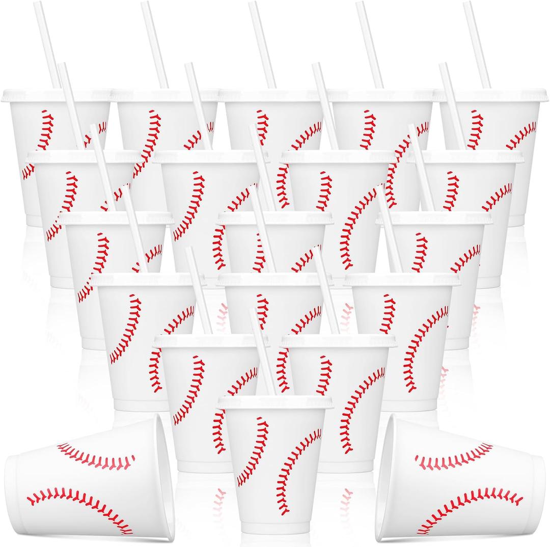 Domensi 20 Pieces Plastic Baseball Cups Reusable Cute Party Plastic Cups 16 oz Sports Party Gifts for Baseball Game Sport Theme Decoration Birthday Supplies