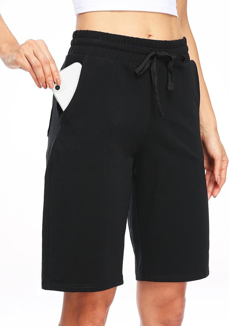 Willit Women's Shorts 10" Bermuda Cotton Long Shorts Yoga Exercise Knee Length Workout Athletic with Pockets (XL, Black)