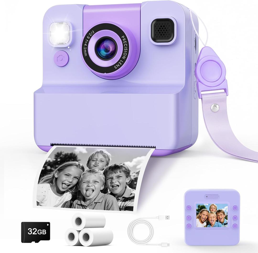 Kids Camera Instant Print with Flip Lens, 1080P HD Video Inkless Toddler Digital Camera with 32GB Card, Portable Travel Christmas Birthday Gift for 3-12 Girls Boys with 3 Rolls Print Paper (Purple)