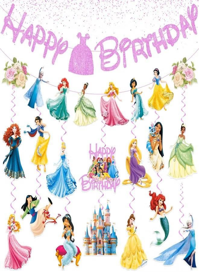 Princess Birthday Party Decorations Include 1pc Glitter Happy Birthday Banner,1pc Princess Banner and 14pcs Cute Hanging Swirls for Girls, Pre-Assembled Party Decorations