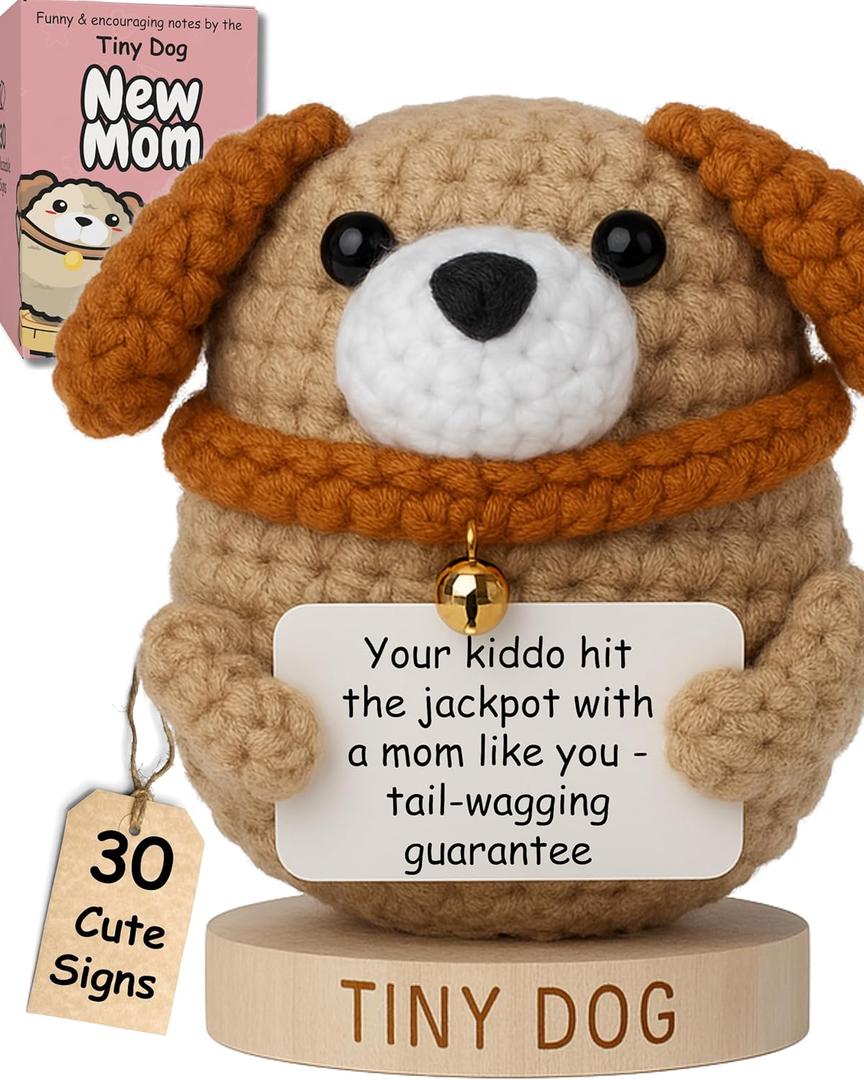 New Mom Gifts for Women - Tiny Dog Crochet With 30 Cute & Empowering Affirmation Cards for Moms - Funny Gift Idea for New Baby, Baby Shower, Christmas | Postpartum Present for Friends, Coworker