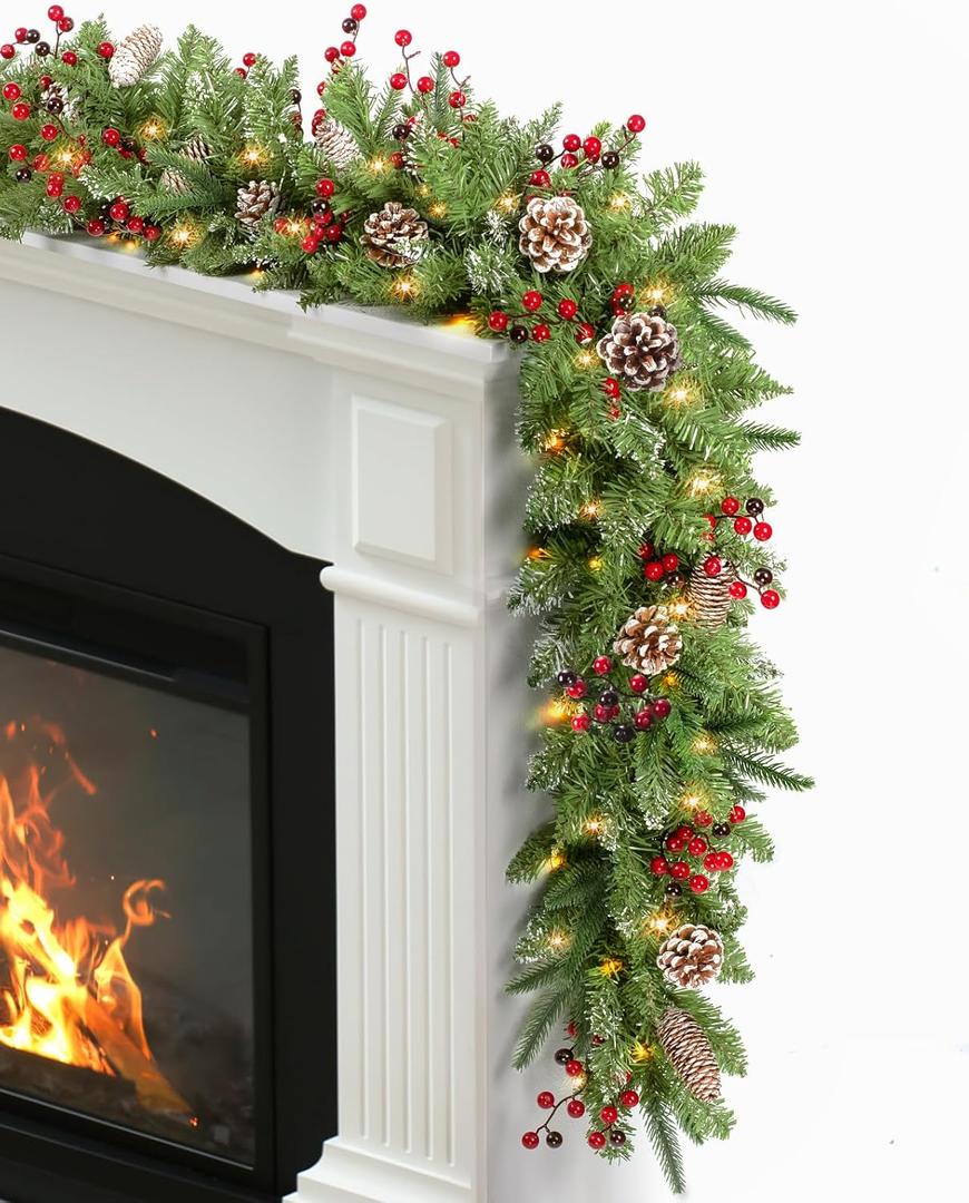 9 ft Prelit Christmas Garlands with 100 Lights Battery Operated Timer 8 Modes, Faux Garland Christmas Decorations for Mantle, Stairs, Fireplace, Decor with Natural Pine Cones, Berries