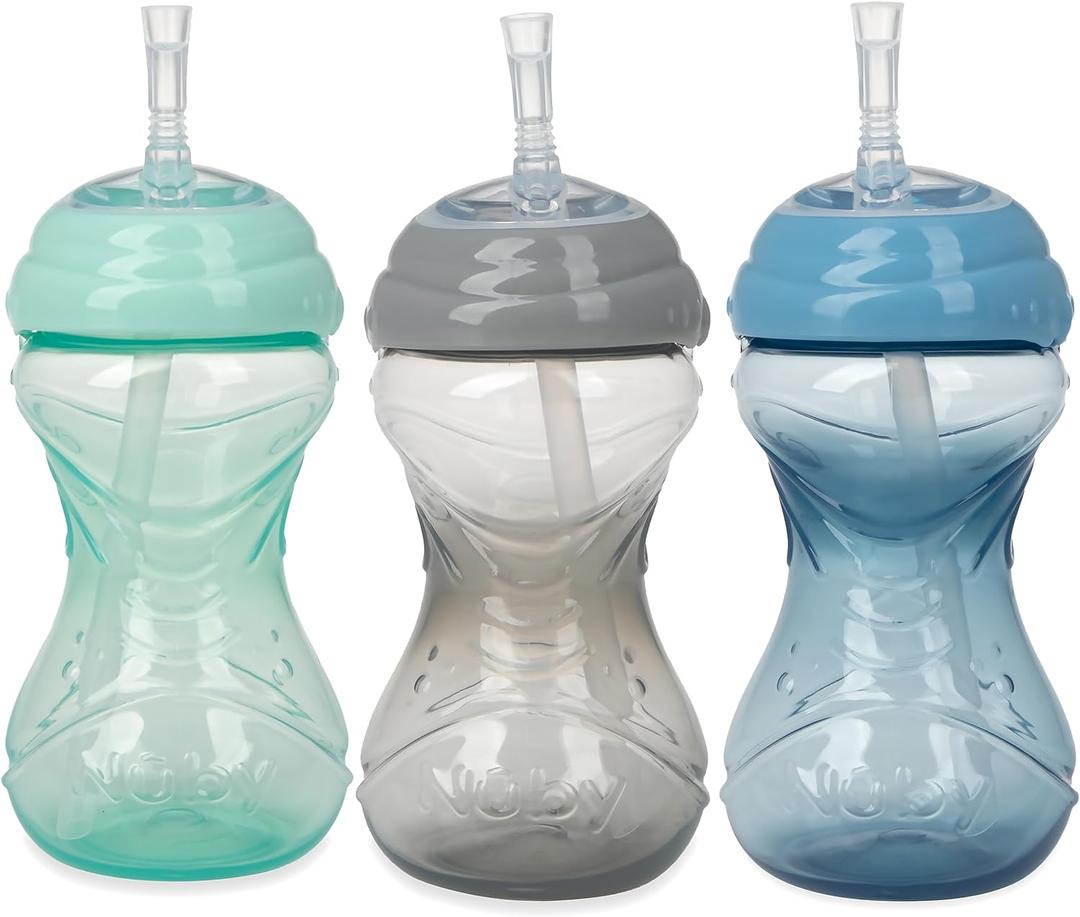Nuby 3 Piece No-Spill Easy Grip Cup with Flex Straw, Clik It Lock Feature, Neutral, 10 Ounce (Blue, Gray & Aqua)