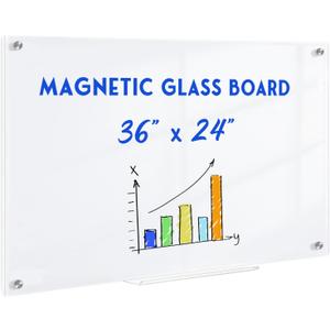 Magnetic Glass Whiteboard, 36" x 24" Glass Dry Erase Board for Wall, Large Frameless White Board with 1 Marker Tray and 3 Magnets for Office, Home, Classroom - Ultra White