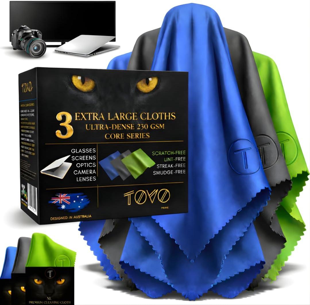 Microfiber Lens Cleaning Cloths Extra Large | 12"x12", 230 GSM | Eyeglass, Glasses, Camera, Screen, TV, Laptop & Headset Cleaning Cloths | Eyeglass Cleaner | 3 Packs, Core Series (Green, Blue, Gray)
