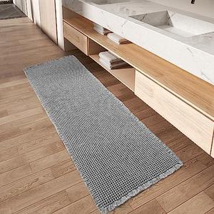 AMOAMI Upgraded Waffle Runner Rug Super Absorbent Non Slip Bath Mats for Bathroom Machine Washable Bathroom Runner Rug with Tassels, Ideal for Hallway Bedroom Laundry Room, Light Grey, 17" x 72"