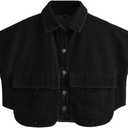 Perbai Womens Cropped Button Down Shirt Summer Collared Sleeveless Loose Denim Top with Pockets (Large, Black)
