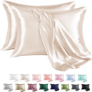 MR&HM Satin Pillowcase for Hair and Skin, Silk Satin Pillowcase 2 Pack, King Size Pillow Cases Set of 2, Silky Pillow Cover with Envelope Closure (20x40, Beige)