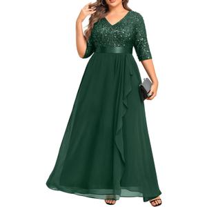 Plus Size Formal Dresses - V Neck 3/4 Sleeves Sequin Evening Gowns Prom Gala Wedding Guest Chiffon Long Maxi Dress (Green)