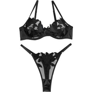 Lilosy Sexy Satin Mesh Floral Sheer Embroidered Underwire Lingerie Set 2 Piece Women Push Up See Through Matching Bra Panty Black Small