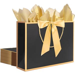 QIELSER 12 pcs Black Gift Bags with Handles 12.6x4.5x10 Inches Large Paper Bags with Bow Ribbon and Tissue Paper Gift Wrap Bags for Birthday Bridesmaid Party Wedding Baby Shower Valentines, Black-Gold