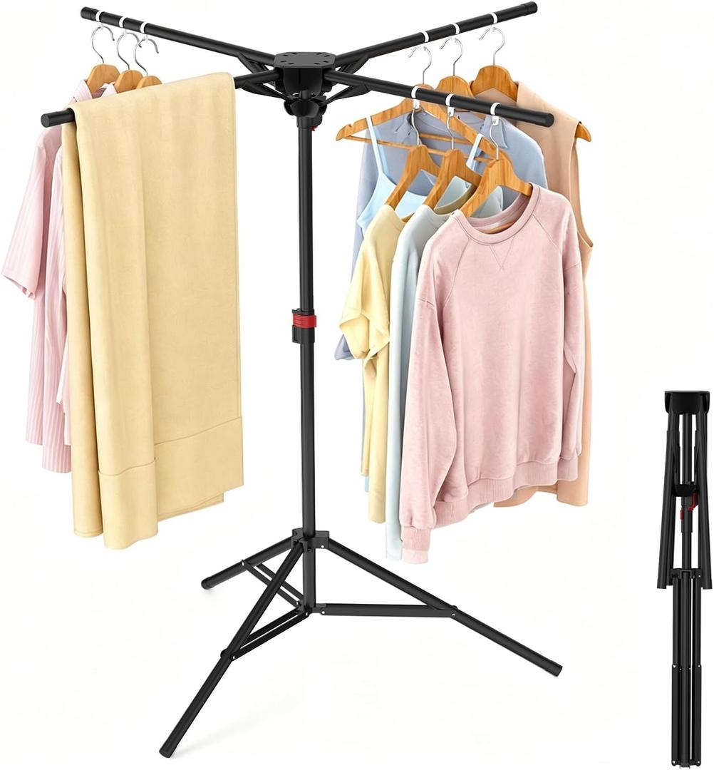 Portable Tripod Clothes Drying Rack, Foldable 4-Bar Rack for Space Saving, 4 Rods