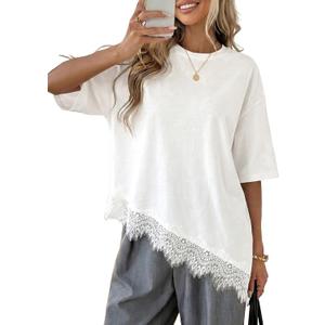 LOLONG Women's Casual Crew Neck Half Sleeve T-Shirt Asymmetrical Hem Lace Patchwork Loose Fit Tops, XL