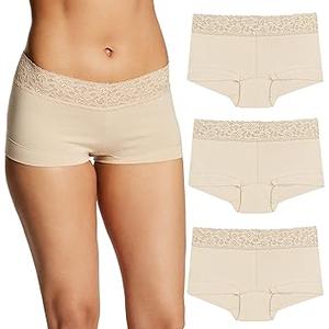 Maidenform Women's Underwear Boy Shorts Pack, 3-Pack, Stretch Cotton Underwear Women Pack, Comfy Boy short Panties for Women, Latte Lift, L
