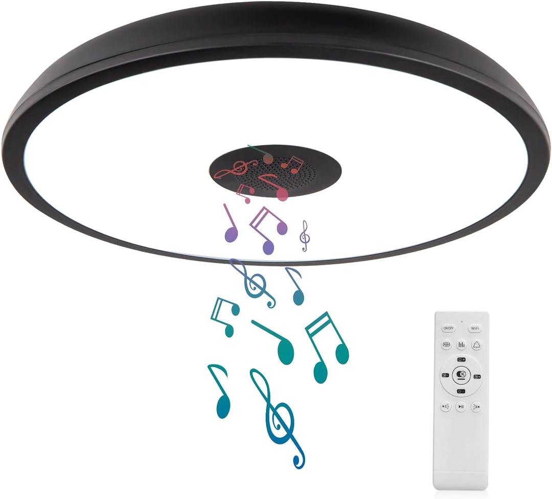 Black Waterproof LED Flush Mount Ceiling Light Fixture,with Bluetooth Speaker,11 Inch,18 watt,Dimmable Music Lamp,RGB Color Changing Light with Remote Control,for Bathroom,Shower,Bedroom