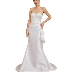 Off Shoulder Satin Wedding Dress Sleeveless – Lightweight Engagement Bridal Gown with Train for Summer Wedding S