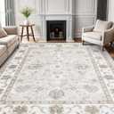 Smiry Floral Area Rug, 9x12 Feet Vintage Print Pattern, Machine Washable Non-Slip Floor Carpet, Low Pile Throw Rugs for Living Room, Bedroom, Dining Room, Laundry Indoor Home Decor, Beige