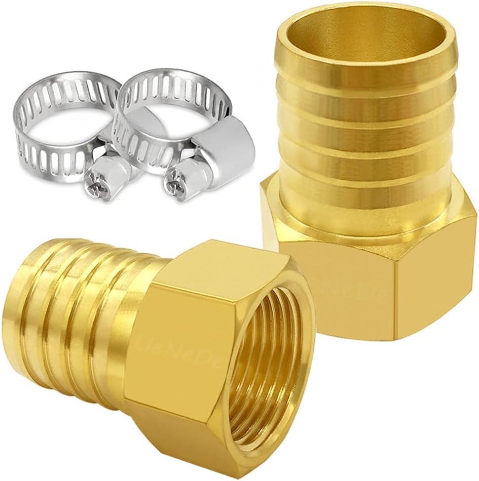 Uenede 2PCS Brass 3/4" NPT Female to 1" Hose Barb Fittings Adapter Connector Include 2 Clamps for Water/Oil/Gas