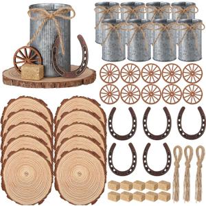50 Pcs Western Party Decorations Mini Horseshoe Wagon Wheel Hay Bales Crafts Wooden Plate Farmhouse Vase Table Centerpieces Supplies for Western Birthday Wedding Party Favors Decor (Silver)