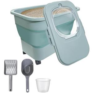 Collapsible Cat Litter Storage Container with Rolling Casters,20 Lbs Cat Litter Storage with Wheels,Airtight Lids,Cat Litter Shovel,Portable Cat Litter Storage Bin Container,BPA Free (Green)