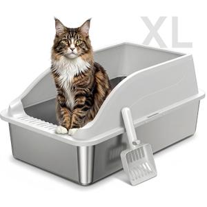 Stainless Steel Cat Litter Boxes, XL Large Metal Litter Box with High Sides Lid, Odor Free Litter Pan Include Scoop Easy Cleaning Anti-Scratch Kitty Cat Box Anti-Urine Leakage, Non-Sticky
