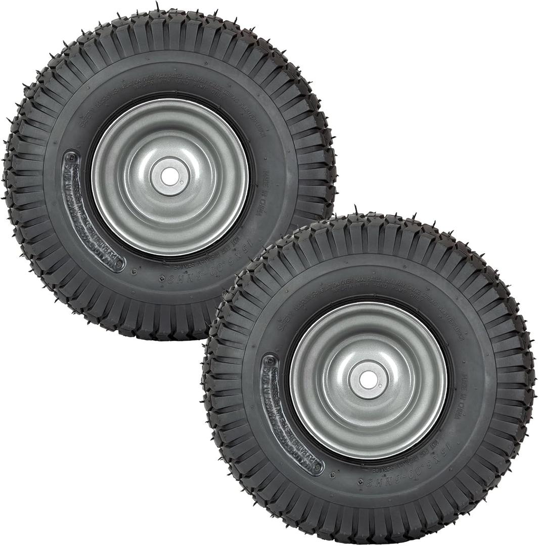 2 PCS Autocessking 15x6.00-6 Tire and Wheel Assembly Front Tires Compatible with Craftsman Riding Mowers Lawn Tractors, 3" centered Hub, 3/4" Bushing (15x6.00-6 with Rim, Silver)
