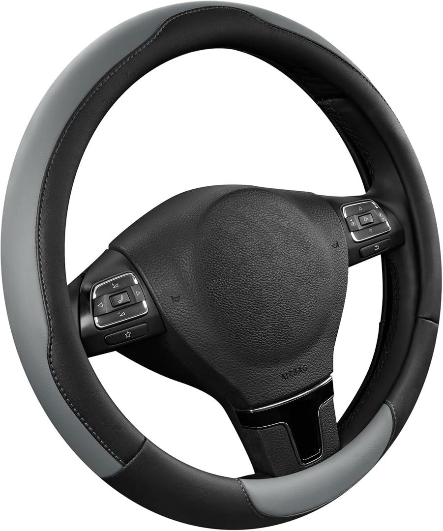 Road Comforts Steering Wheel Cover, Breathable Anti-Slip Leather Steering Wheel Cover, Universal Fit 14.515 Inch, Comfortable Grip - Gray Color