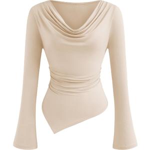 PRETTYGARDEN Womens Bell Long Sleeve Shirts Casual Cowl Neck Asymmetrical Slim Fit Crop Tops Y2K Going Out Spring Clothes (Beige,M) (Beige, M)