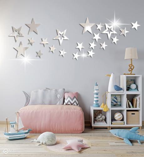 aooyaoo 26pcs Stars Acrylic Mirror Wall Stickers, 4 Sizes, Silver Stars, Stickers with Adhesive, Art Decal, 3D Wall Decorations for Baby Kids Bedroom Home DIY Decor